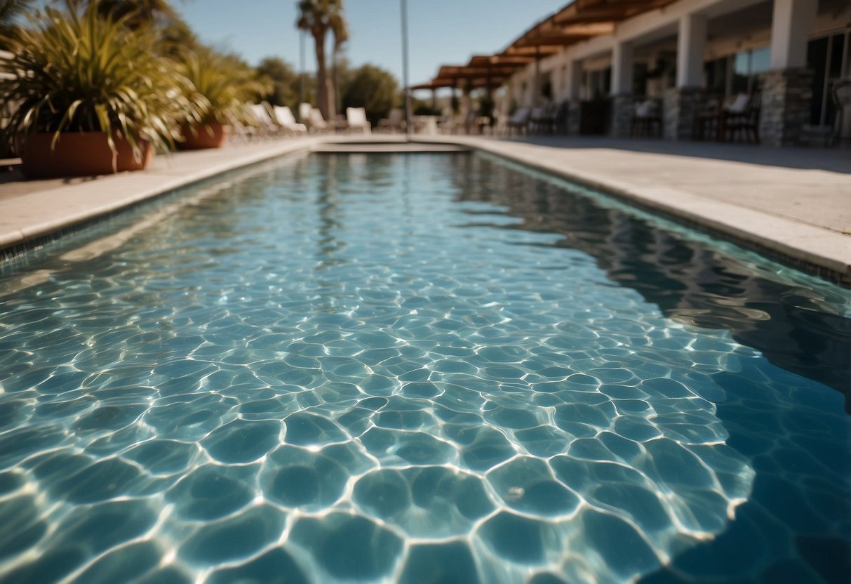 Crystal-clear water sparkles under the sunlight, surrounded by a pristine pool deck and safety signs