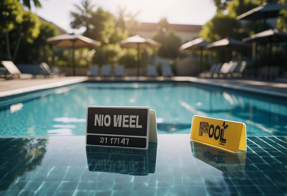 A clear pool with no strong chlorine smell, surrounded by safety signs and clean, well-maintained facilities