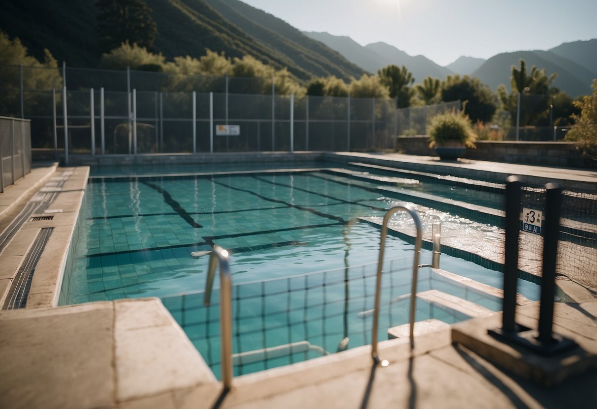 A clean pool with clear water, surrounded by a sturdy fence and safety signs