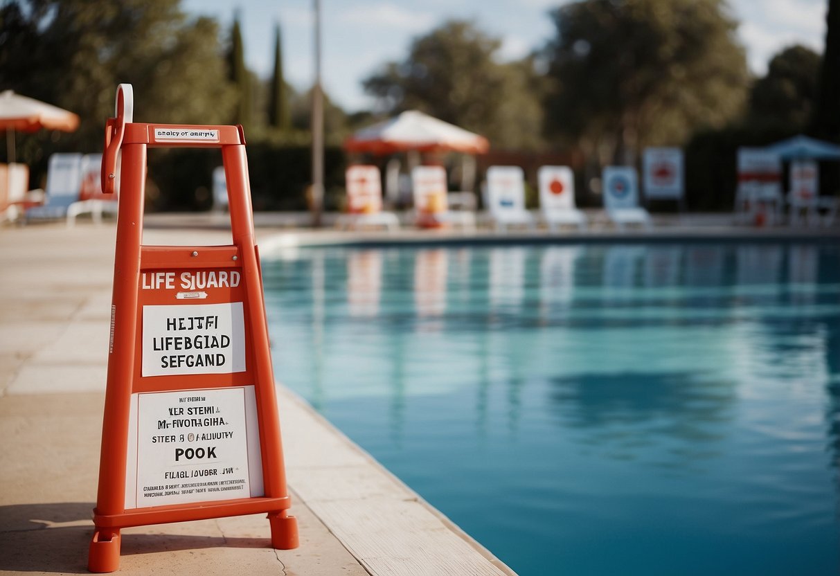 A certified lifeguard stands at the edge of a pristine pool, surrounded by 10 visible safety signs