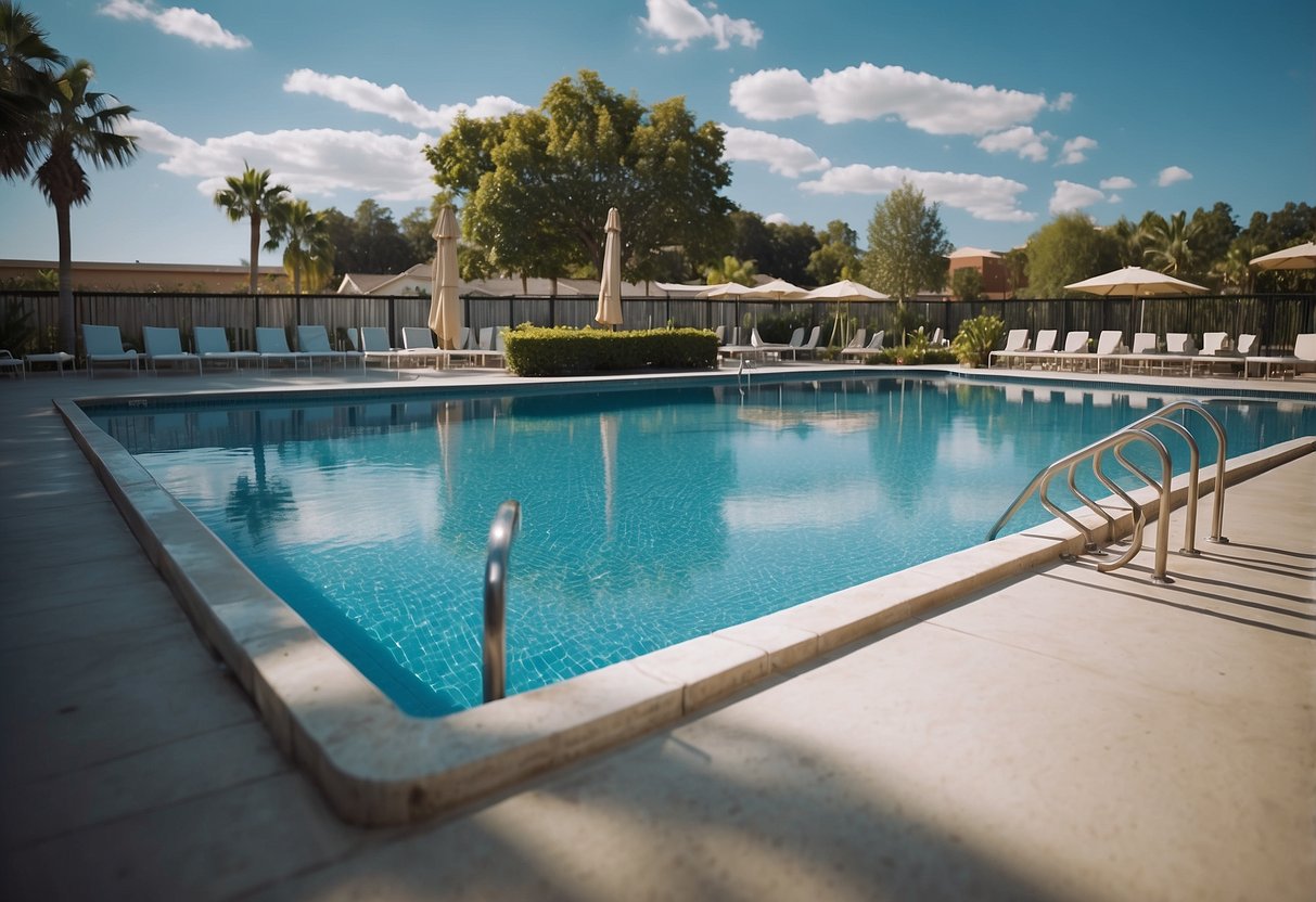 A pool surrounded by clean, well-maintained equipment and clear signage indicating safety measures