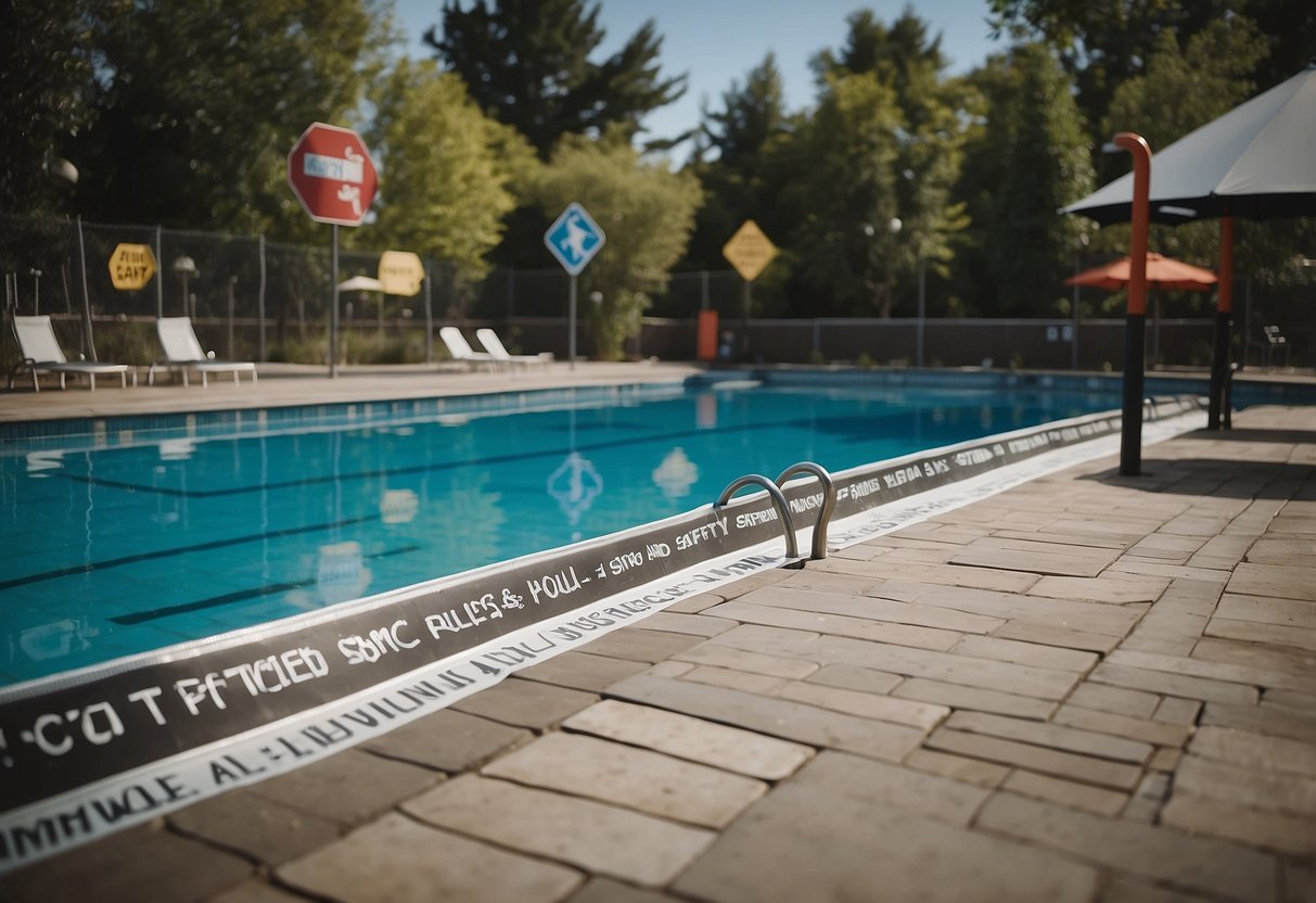 A pool area with clear "Pool Rules and Safety Signs" posted around the perimeter, ensuring a safe environment for children to swim in