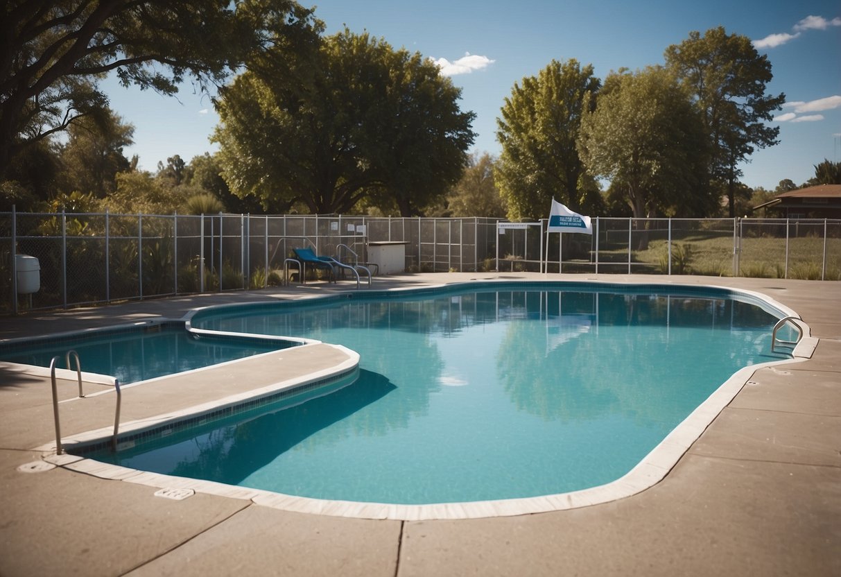 A pool with a secure fence, properly maintained water, clear warning signs, and visible lifeguard on duty. No rough play or diving in shallow areas