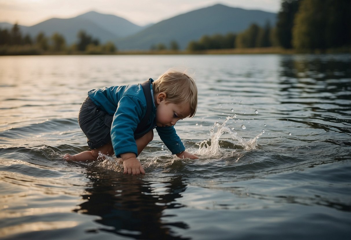 A child falls into water, creating ripples. A nearby adult notices and rushes to the water's edge. They reach in and pull the child out, checking for signs of distress