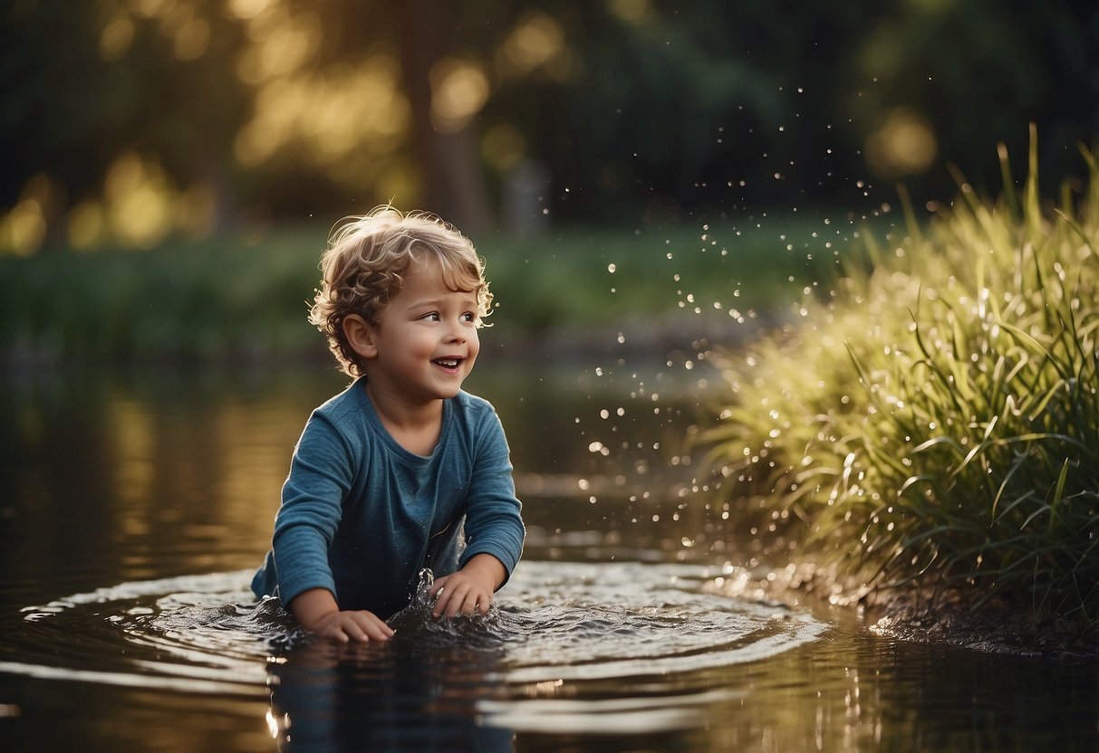 A child falls into water, call for help. Steps: 1. Stay calm 2. Assess the situation 3. Yell for help 4. Reach or throw 5. Pull the child to safety 6. Perform CPR if