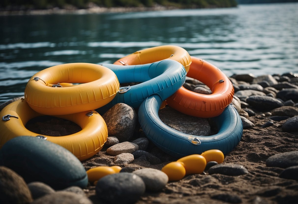 Flotation devices scattered near water's edge