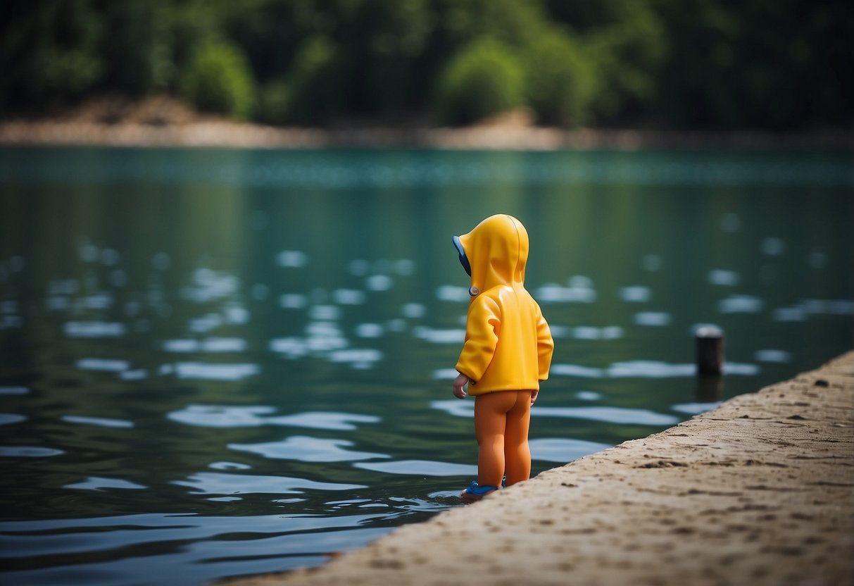 A figure stands at the water's edge, cautioning others to enter only if they are strong swimmers. Seven steps to take if a child falls into the water are listed beside them