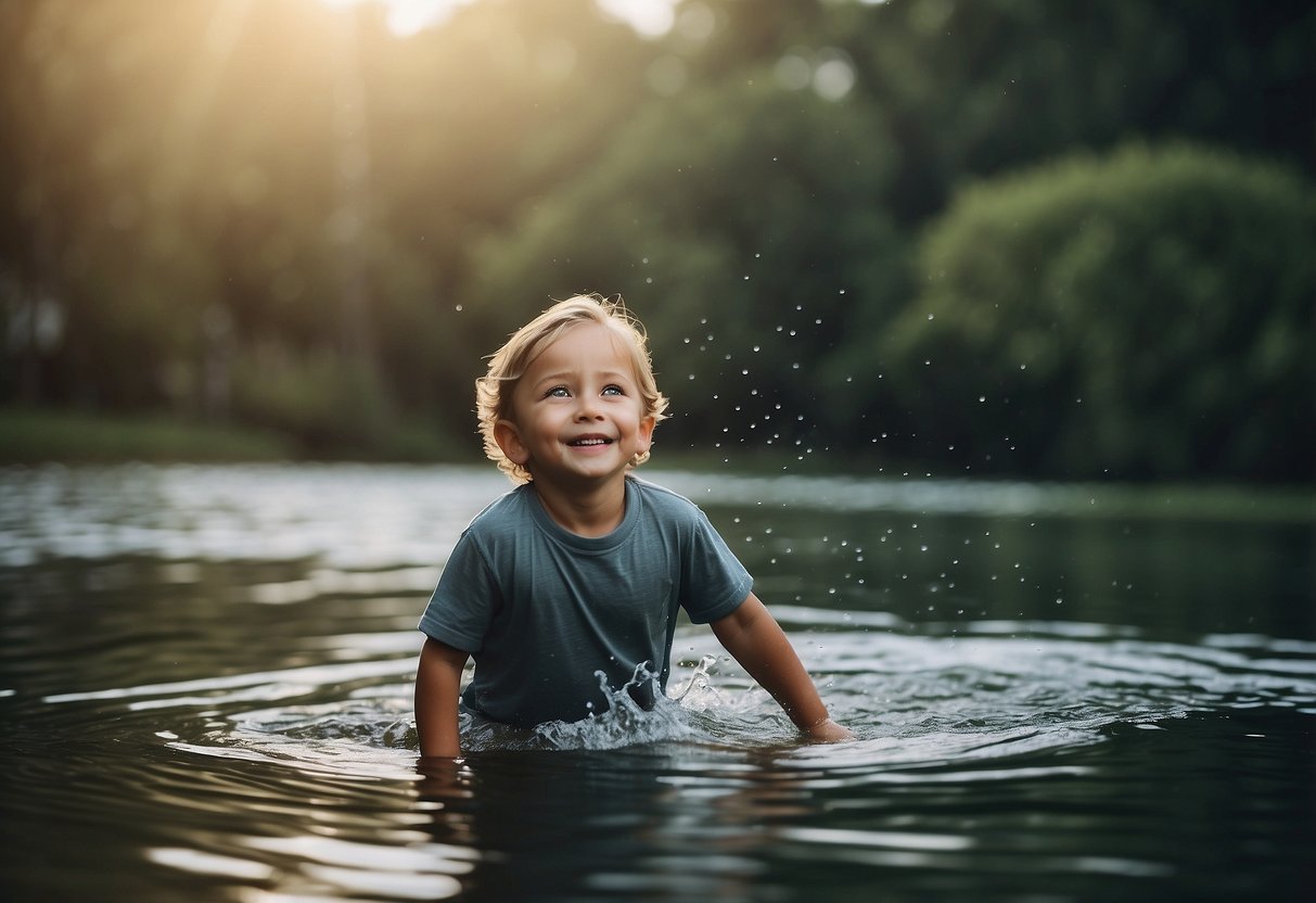 A child is being lifted out of the water by an unseen force, following the 7 steps to take if a child falls into water