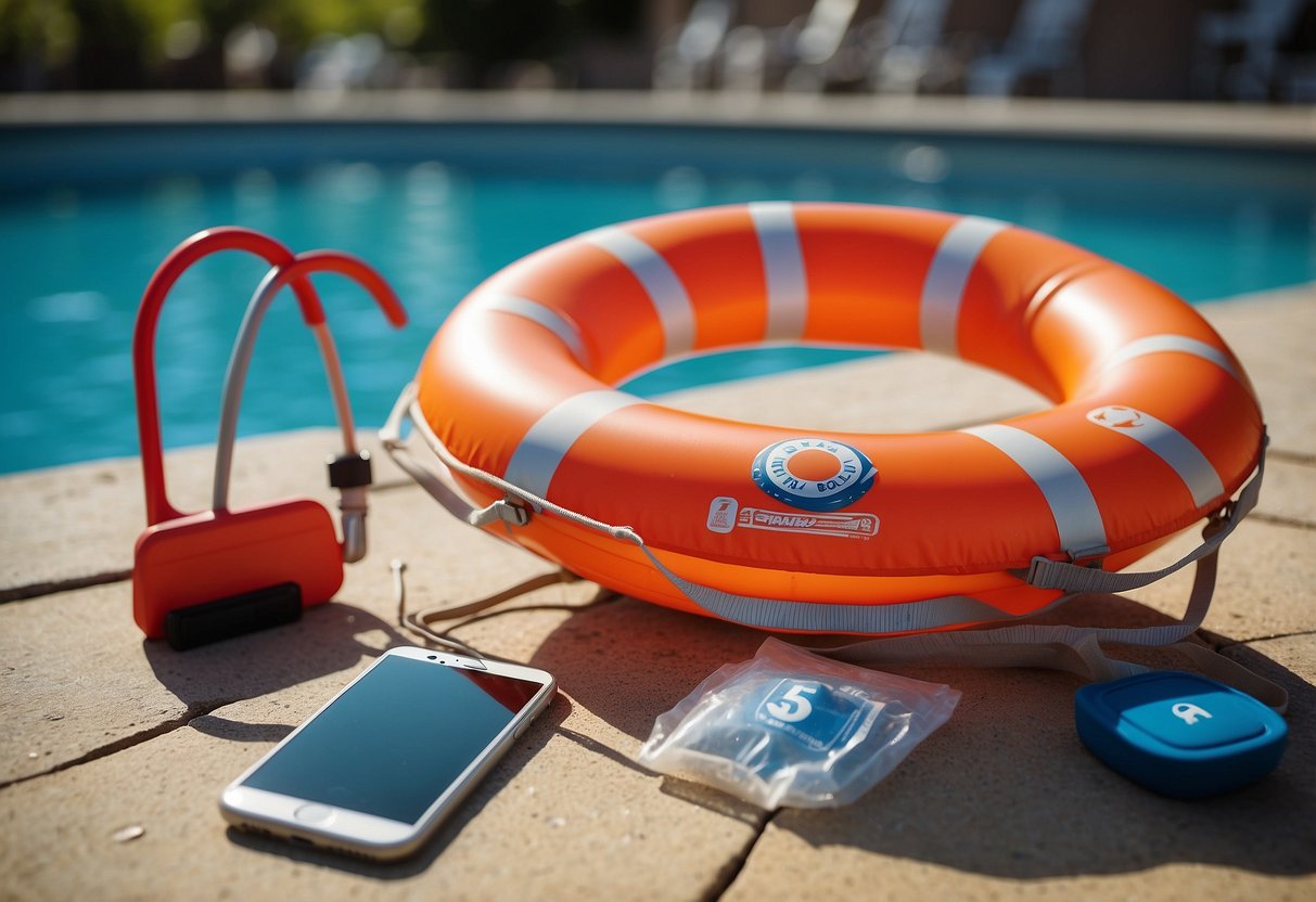 A poolside scene with a lifebuoy, life jacket, pool alarm, first aid kit, and a phone with emergency numbers displayed