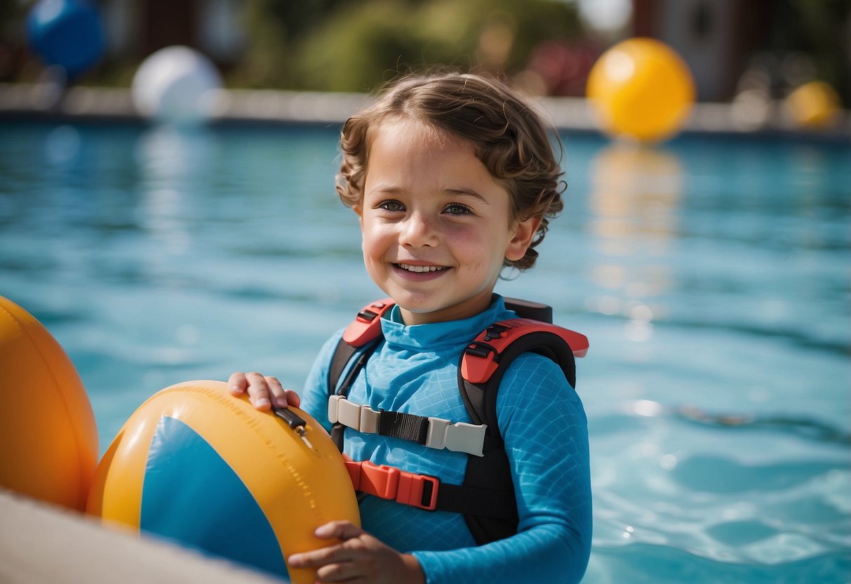 A child wearing the WAWA Band on their wrist while swimming in a pool, surrounded by other essential water safety devices