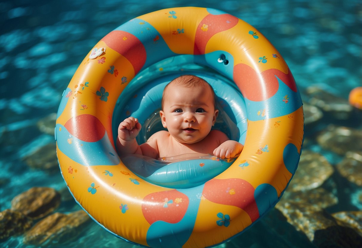 A colorful SwimWays Infant Baby Spring Float surrounded by essential water safety devices