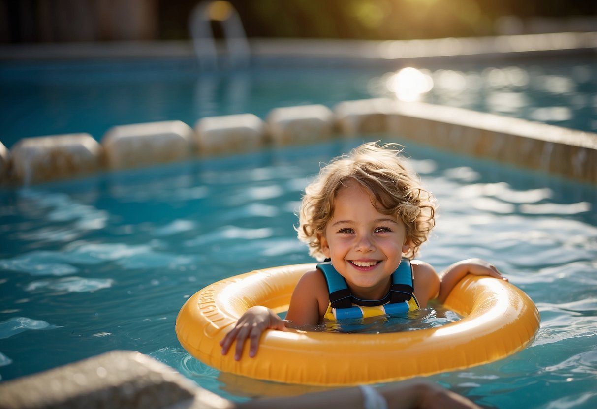 A child happily plays in the pool, safely supported by the SEAL SwimSafe Flotation Ring. Nearby, other essential water safety devices are visible