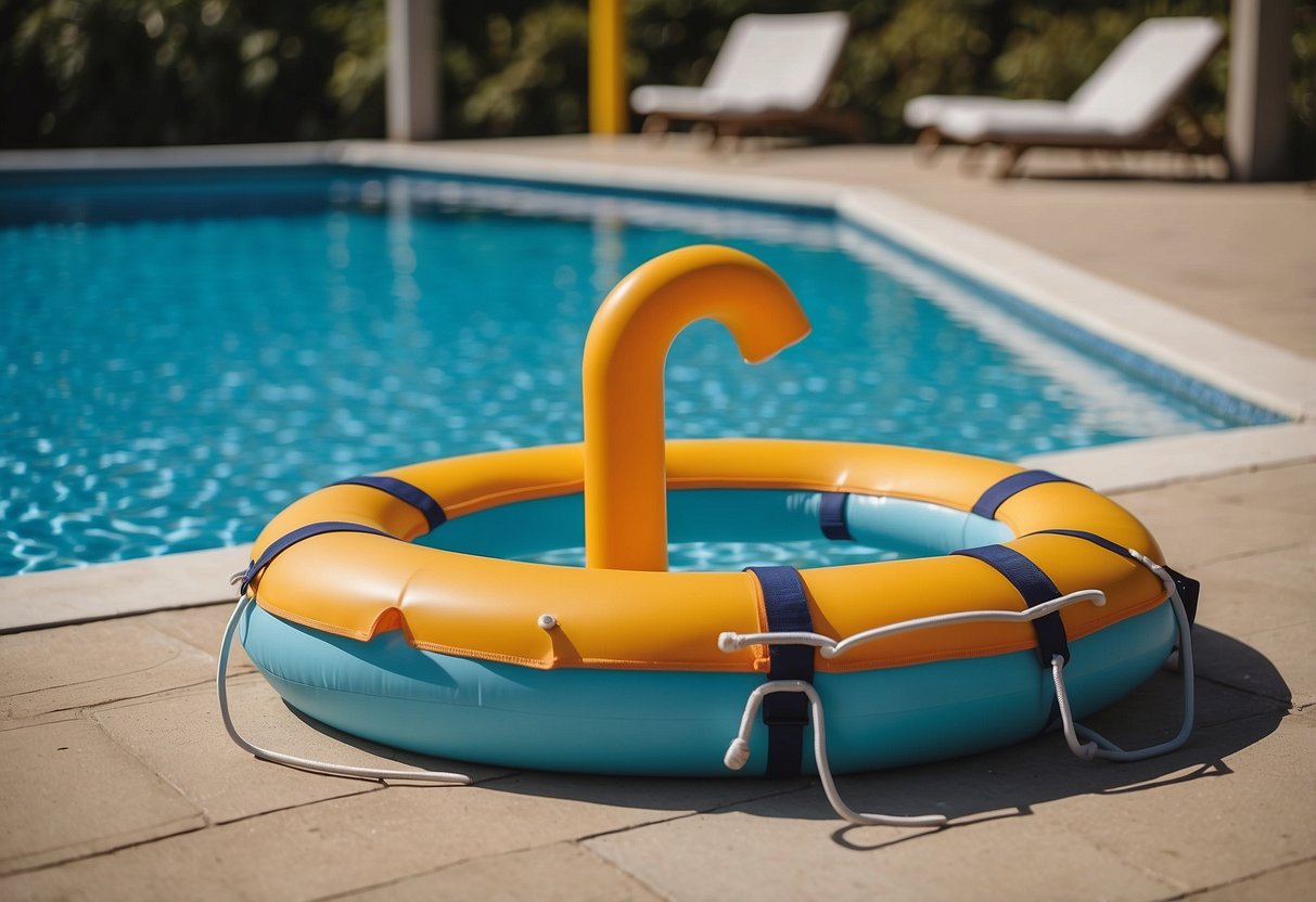 Children's pool with safety devices: lifebuoy, life jacket, pool alarm, non-slip pool mat, and pool fence