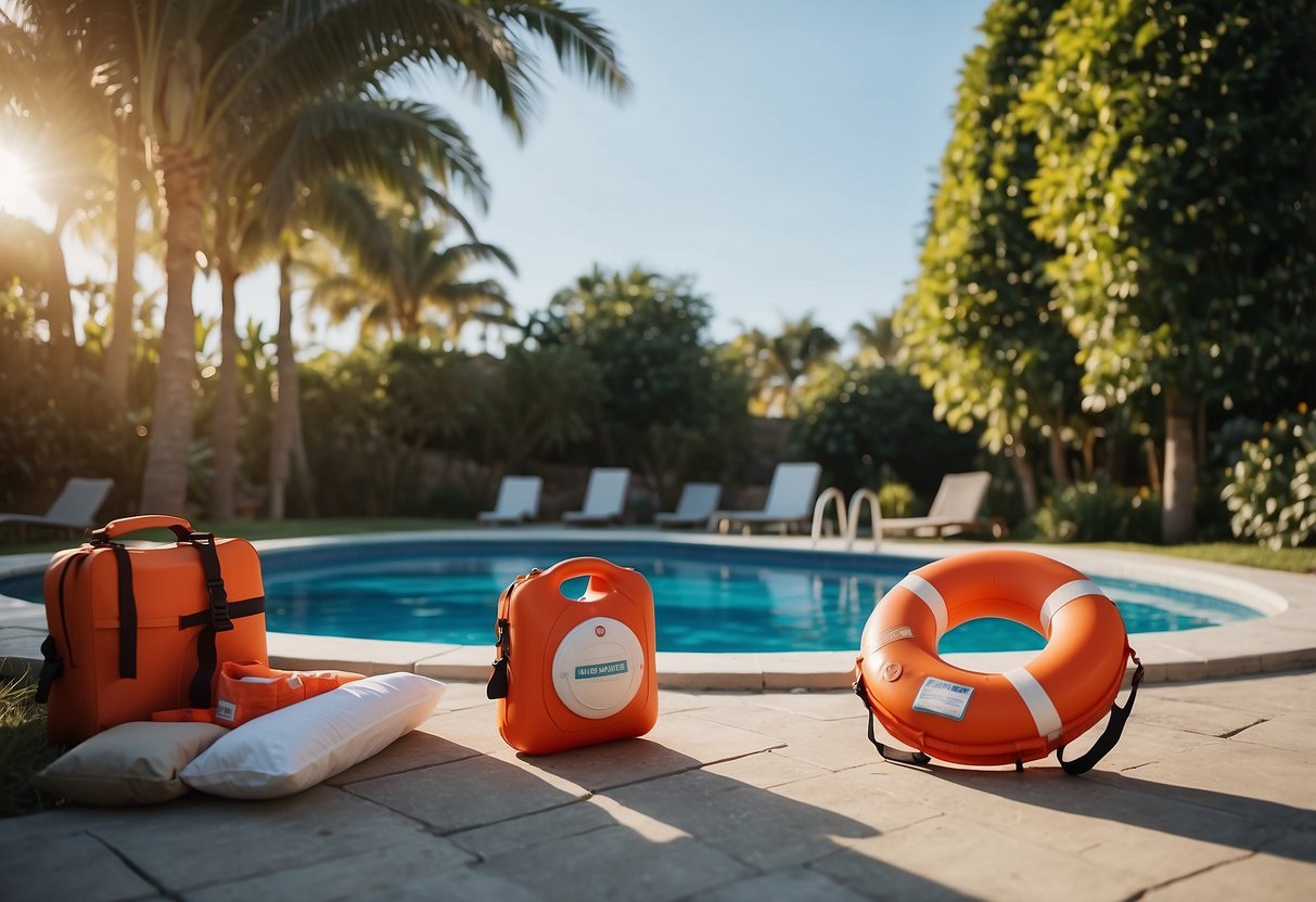 A poolside scene with a lifebuoy, life jacket, pool alarm, pool fence, and first aid kit displayed prominently