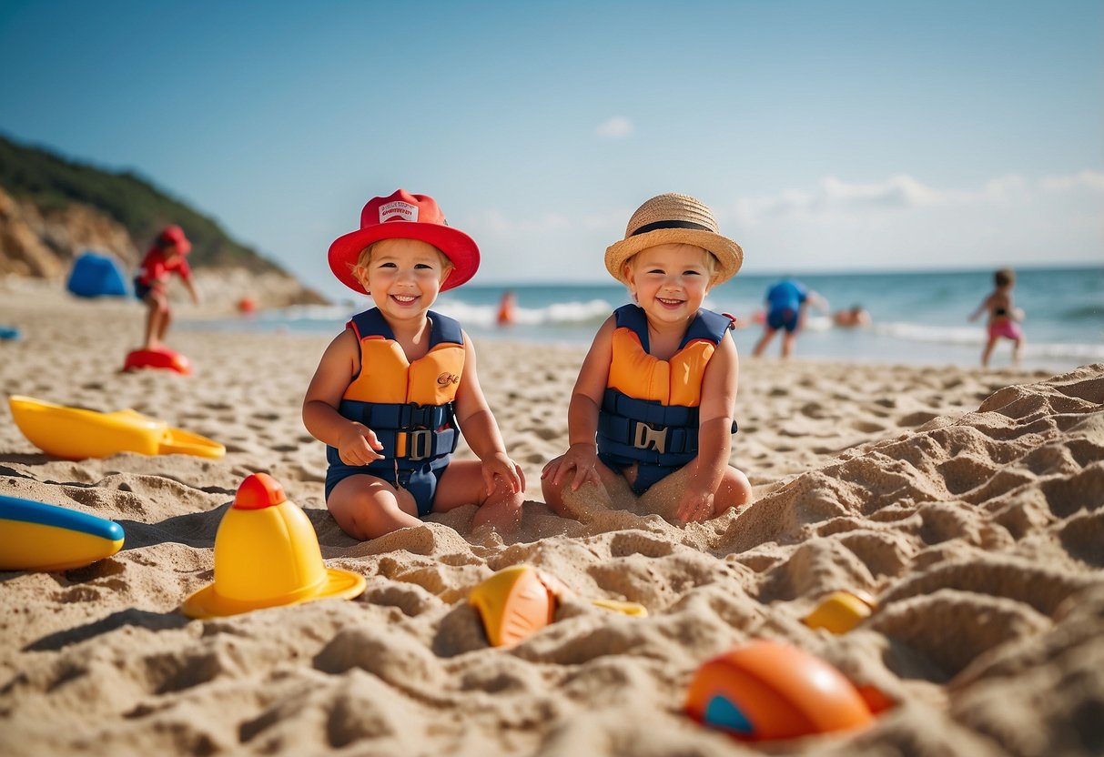 Children playing in the sand, with a lifeguard on duty. Sunscreen, hats, and life jackets are visible. No dangerous currents or hazards in the water