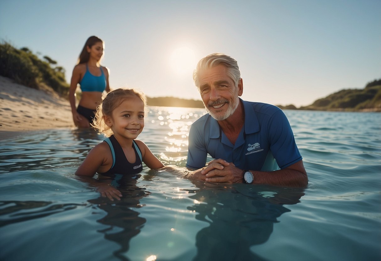 Children learning to swim in a calm, shallow beach with a patient instructor guiding them through basic swimming techniques. Safety equipment and clear instructions are visible