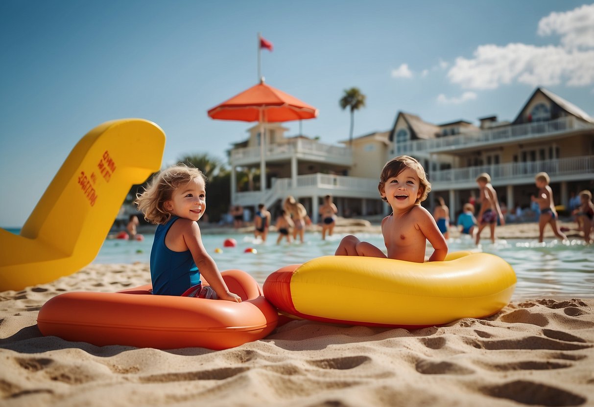 Children play safely on the beach under the watchful eye of a lifeguard. Clear signage and designated swimming areas ensure a secure environment