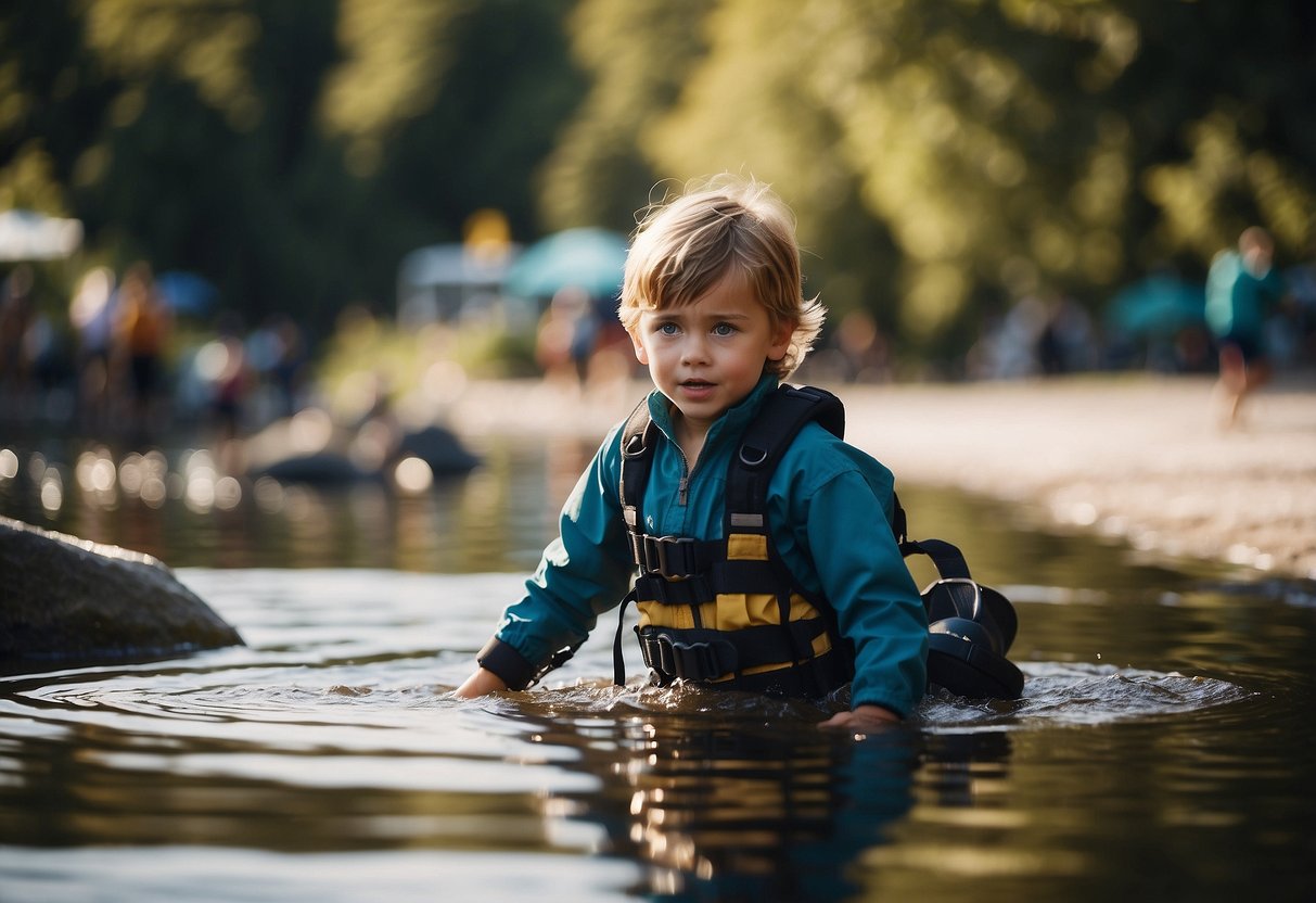 A child playing near water, unaware of the dangers. A sign nearby lists common water safety myths