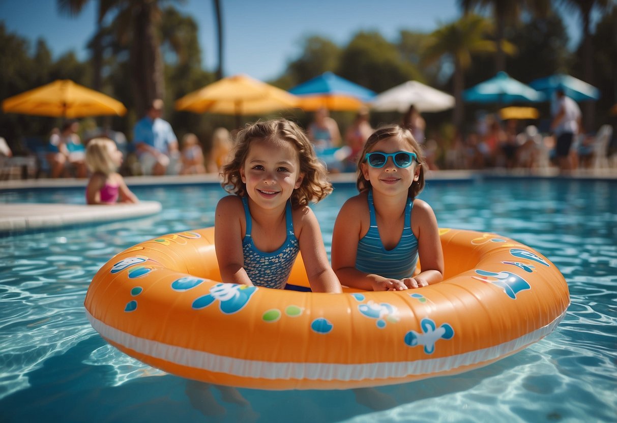 Children wearing floaties in a pool, surrounded by adults. Signs debunking water safety myths are posted around the pool area