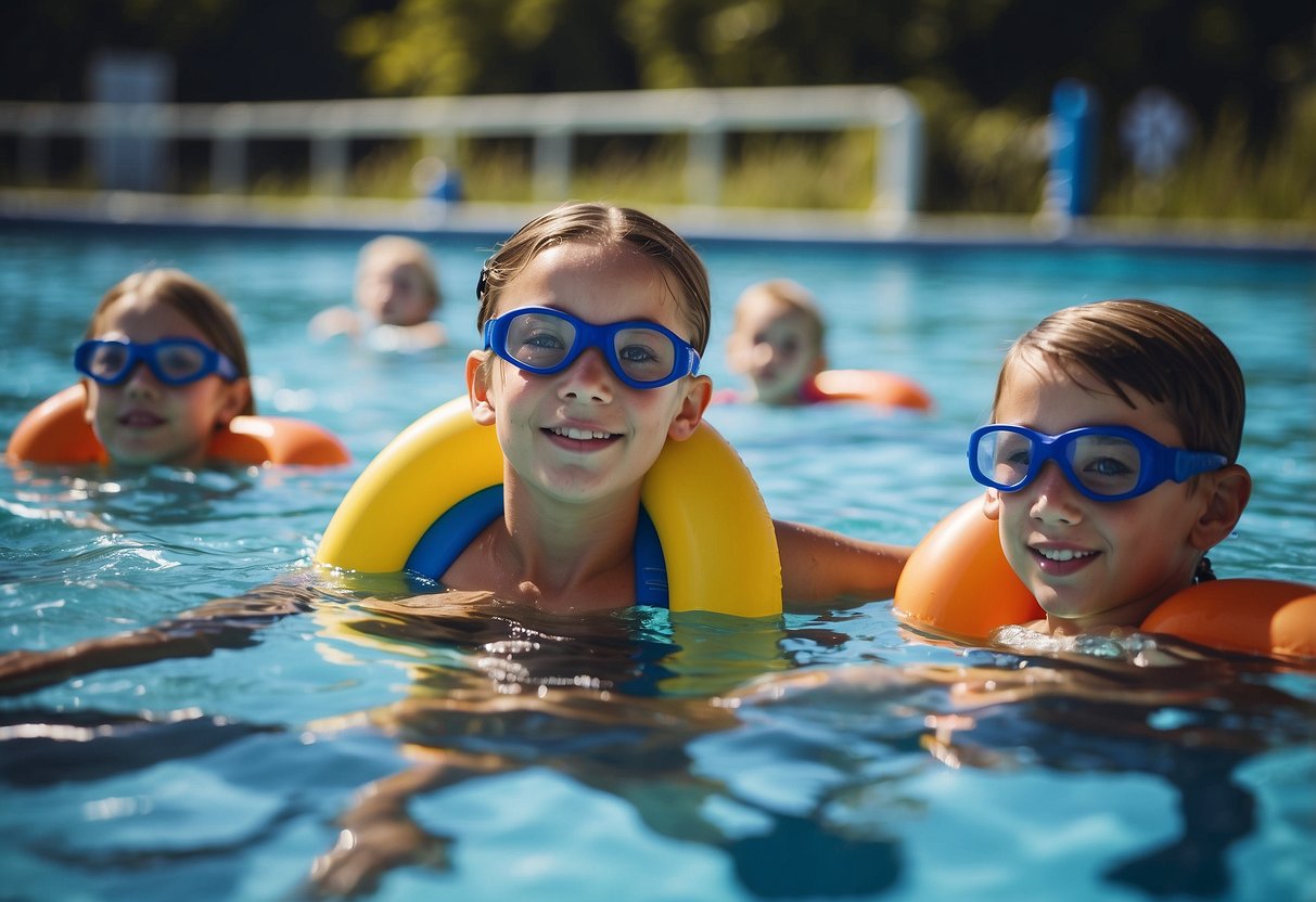 Children swimming confidently in a pool, surrounded by floating safety devices. Signs displaying water safety myths in the background