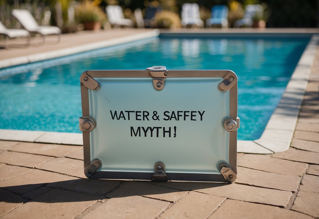 A pool cover securely fastened over a crystal-clear pool, surrounded by a fence. A sign nearby lists 10 water safety myths