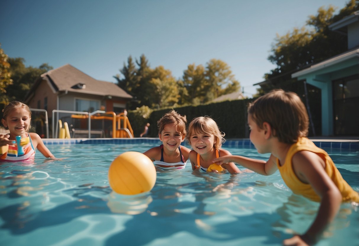 Children playing in a pool with adults nearby. Signs debunking water safety myths in the background