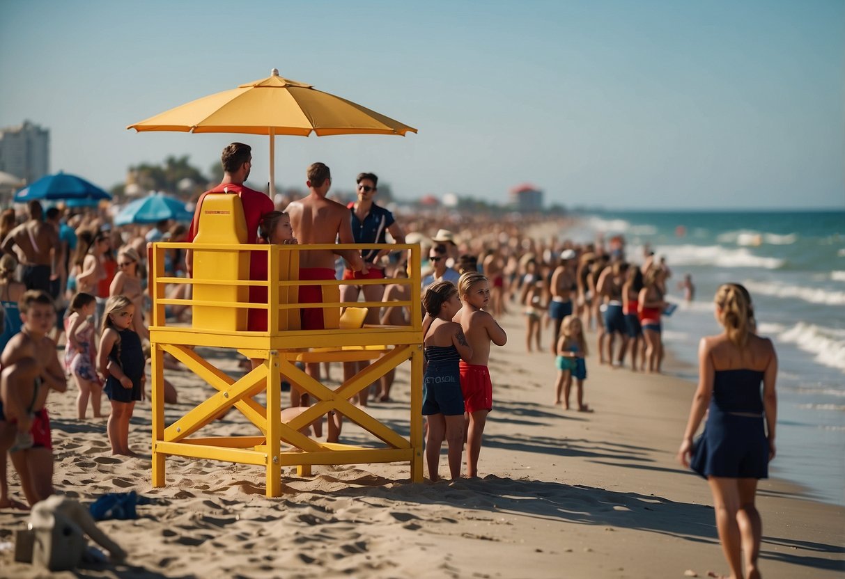 A lifeguard stands watch over a crowded beach, scanning the water for potential dangers. Signs nearby debunk common water safety myths