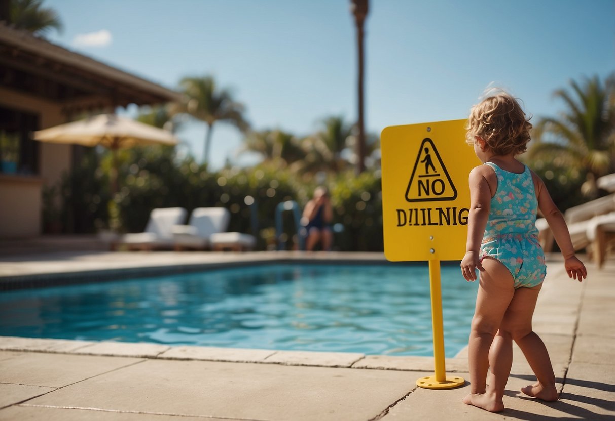 A child playing near a pool with a "no diving" sign, while a parent watches from a distance, unaware of the potential dangers