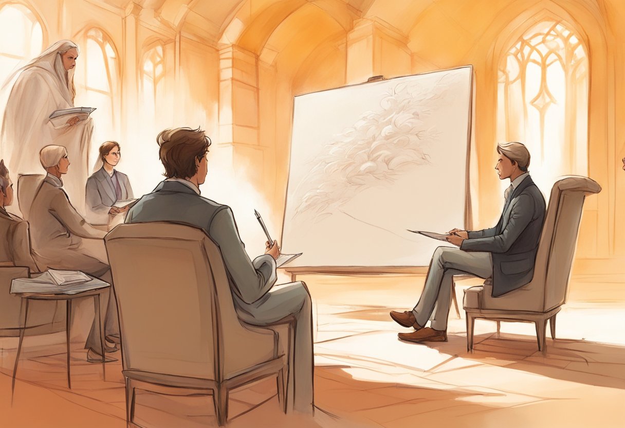 A person sitting in a chair, talking to a coach, while the coach listens attentively and takes notes. The environment is calm and professional, with a whiteboard in the background displaying coaching techniques