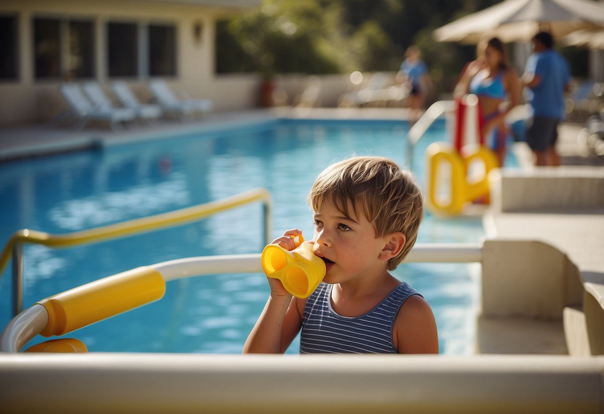 A child playing near a pool with no adult supervision. A lifeguard blowing a whistle to alert the child's parent. A sign with water safety tips posted nearby