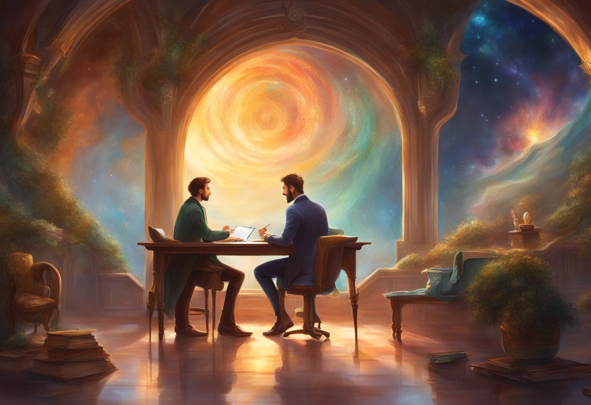 A professional setting with two individuals in a coaching session, with a desk, chairs, and a whiteboard in the background