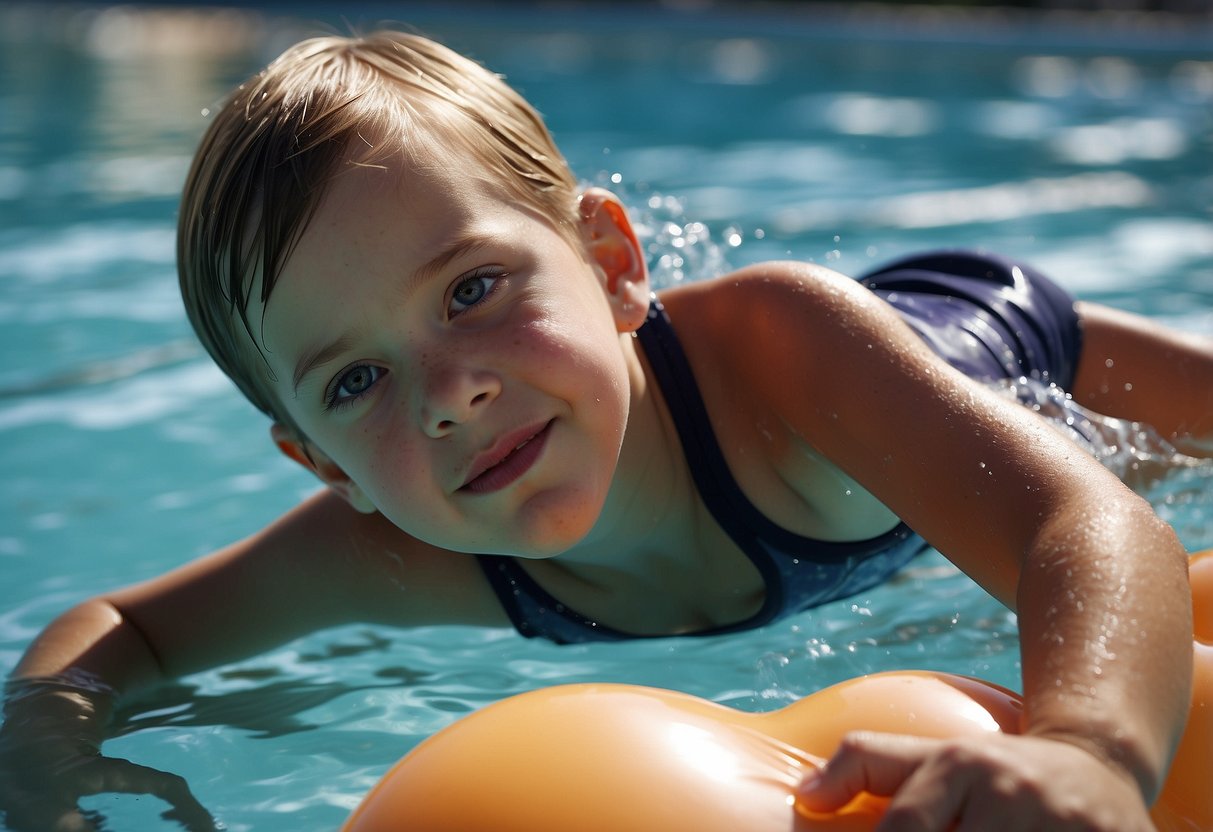 A child swims with proper technique, supervised by an adult. They use floatation devices and practice water safety rules. The pool is clean and well-maintained