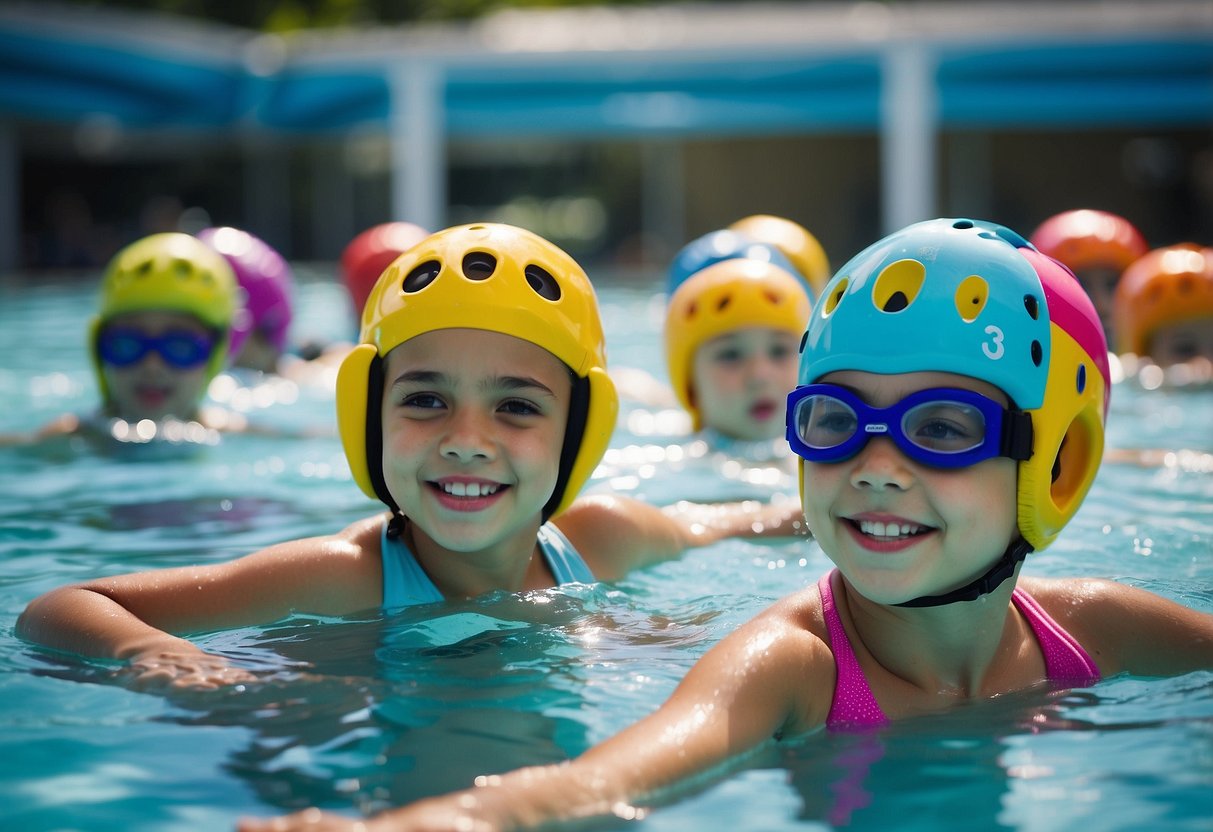 Children in colorful swim caps and goggles practice kicking and floating in a local pool. An instructor guides them through safe swimming techniques