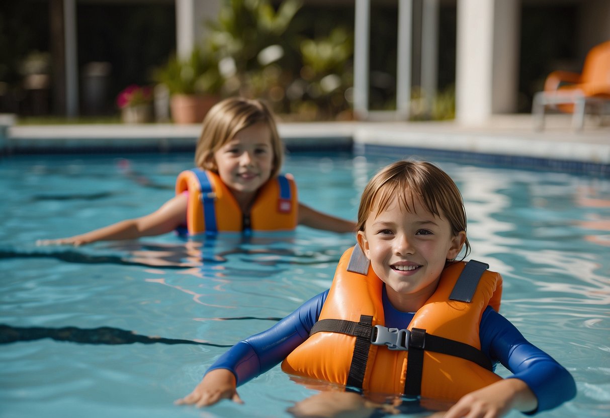 A child wearing a life jacket is floating in a pool, while another child is holding onto a kickboard and practicing kicking. A parent is nearby, supervising and providing guidance