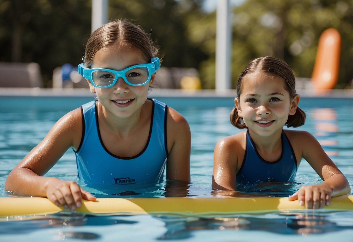 A child learning water safety rules, with an adult demonstrating proper swimming techniques in a calm, supervised pool setting