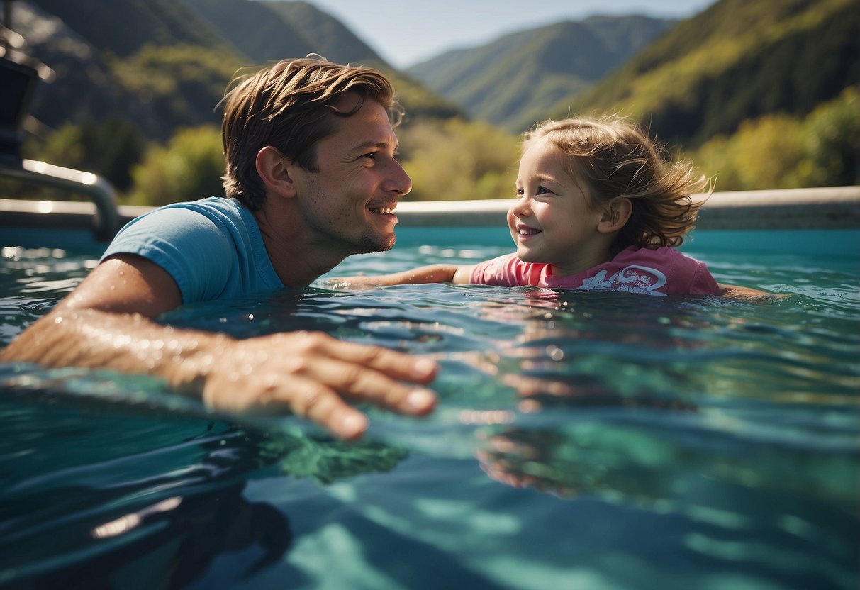 A child swims within arm's reach of an adult, using safe techniques