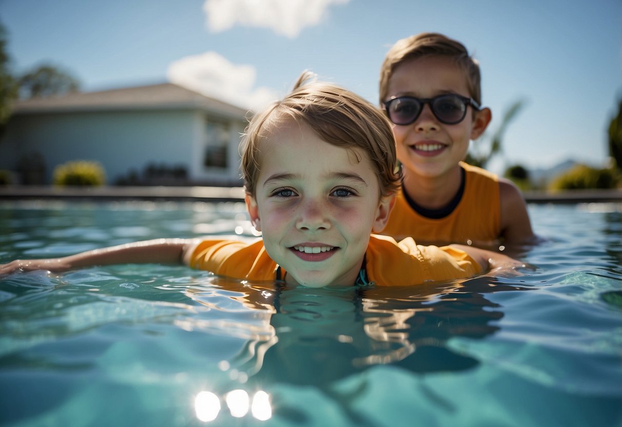 A child confidently swimming in a calm pool, supervised by an adult. The child is using proper techniques, displaying safety and skill