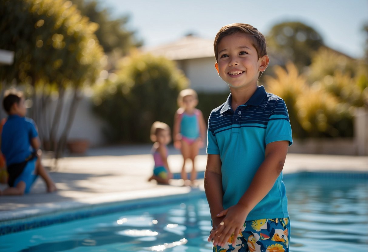 A child stands at the edge of a pool, looking excited and eager to learn. A swimming instructor stands nearby, ready to guide and teach the child. The pool is calm and inviting, with clear blue water reflecting the sunlight