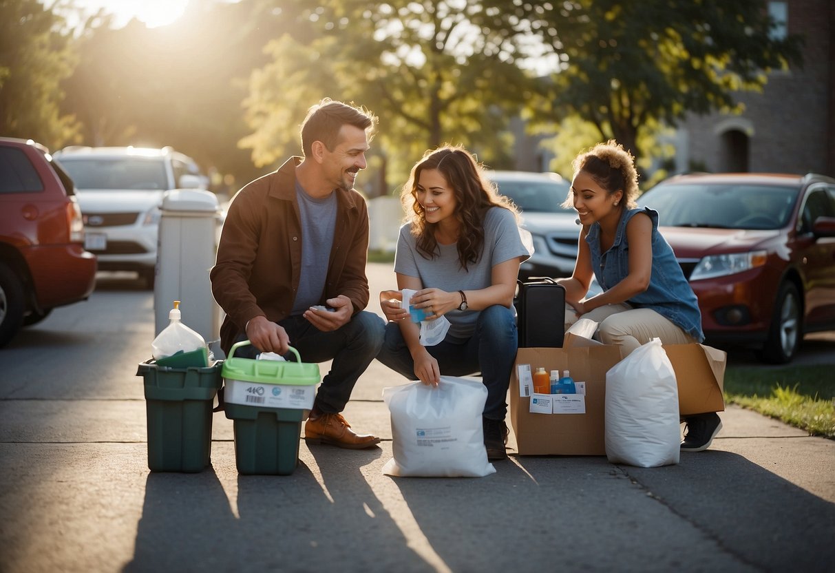 A family gathers supplies and creates a communication plan. They store water, food, and first aid kits in a designated area. They practice fire drills and designate a meeting spot outside