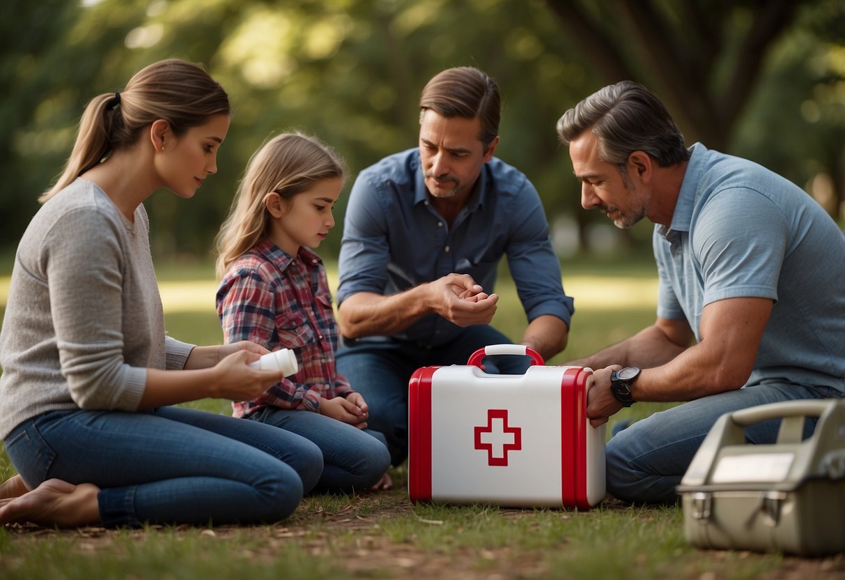 A family gathers around a first aid kit, practicing CPR and basic first aid techniques. Emergency preparedness tips are displayed on a nearby poster