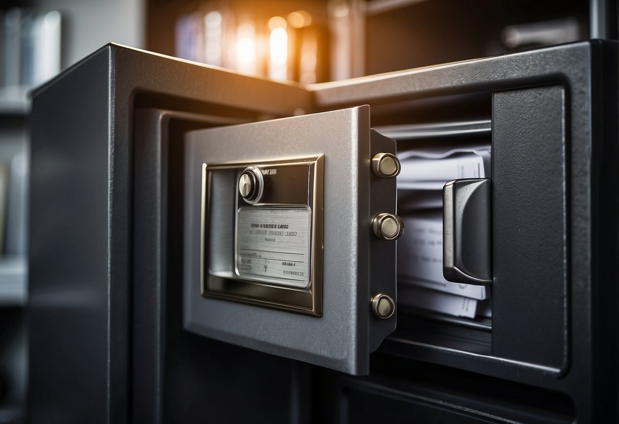 Important documents are being securely stored in a fireproof safe. A family emergency kit is nearby, including food, water, and first aid supplies