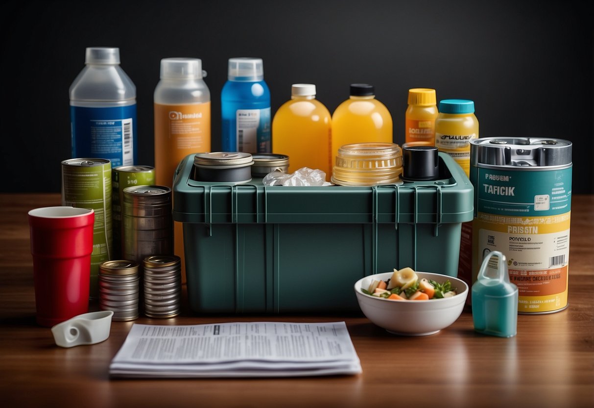 A family gathers non-perishable food, water, first aid supplies, and important documents into a sturdy container. Flashlights, batteries, and a radio are also included