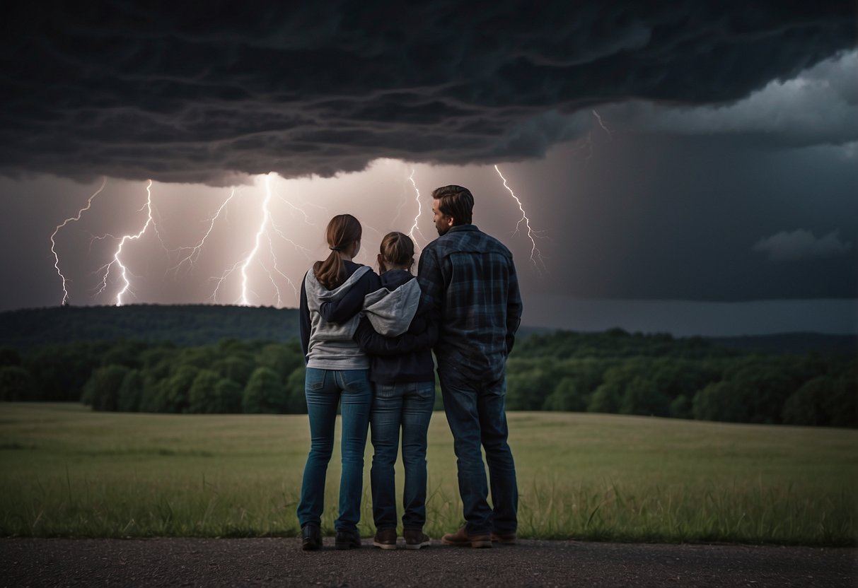 A family huddled together, looking worried as a storm rages outside. The power is out, and they are struggling to find necessary supplies in the dark