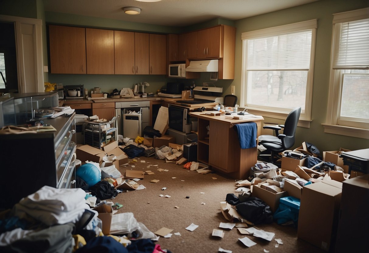 A chaotic household with scattered belongings, open windows, and no designated meeting point. Signs of disorganization and lack of emergency preparedness