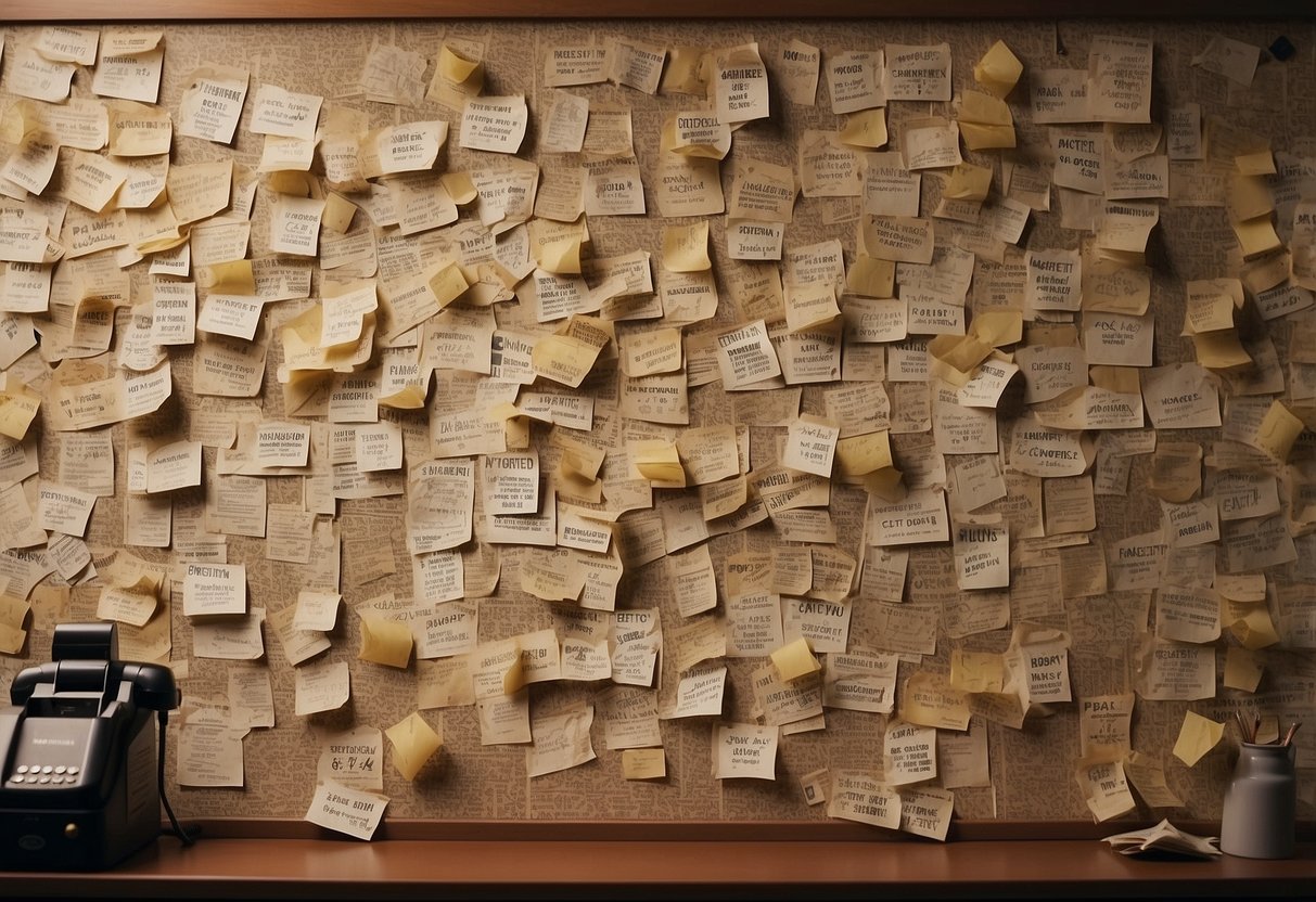 A cluttered bulletin board with old phone numbers and addresses, a faded emergency plan poster, and a sense of disorganization