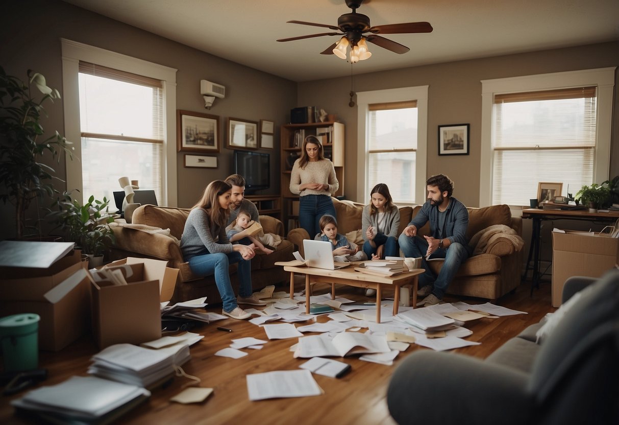 A disorganized home with no emergency supplies, open windows, unplugged devices, and scattered papers. A family meeting with worried expressions