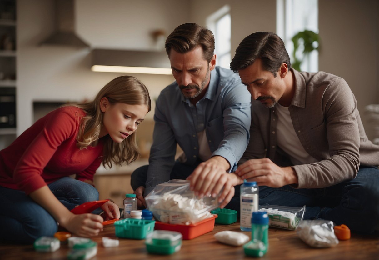 A family frantically searches for first aid supplies as an emergency unfolds, highlighting their lack of training and need for a better plan