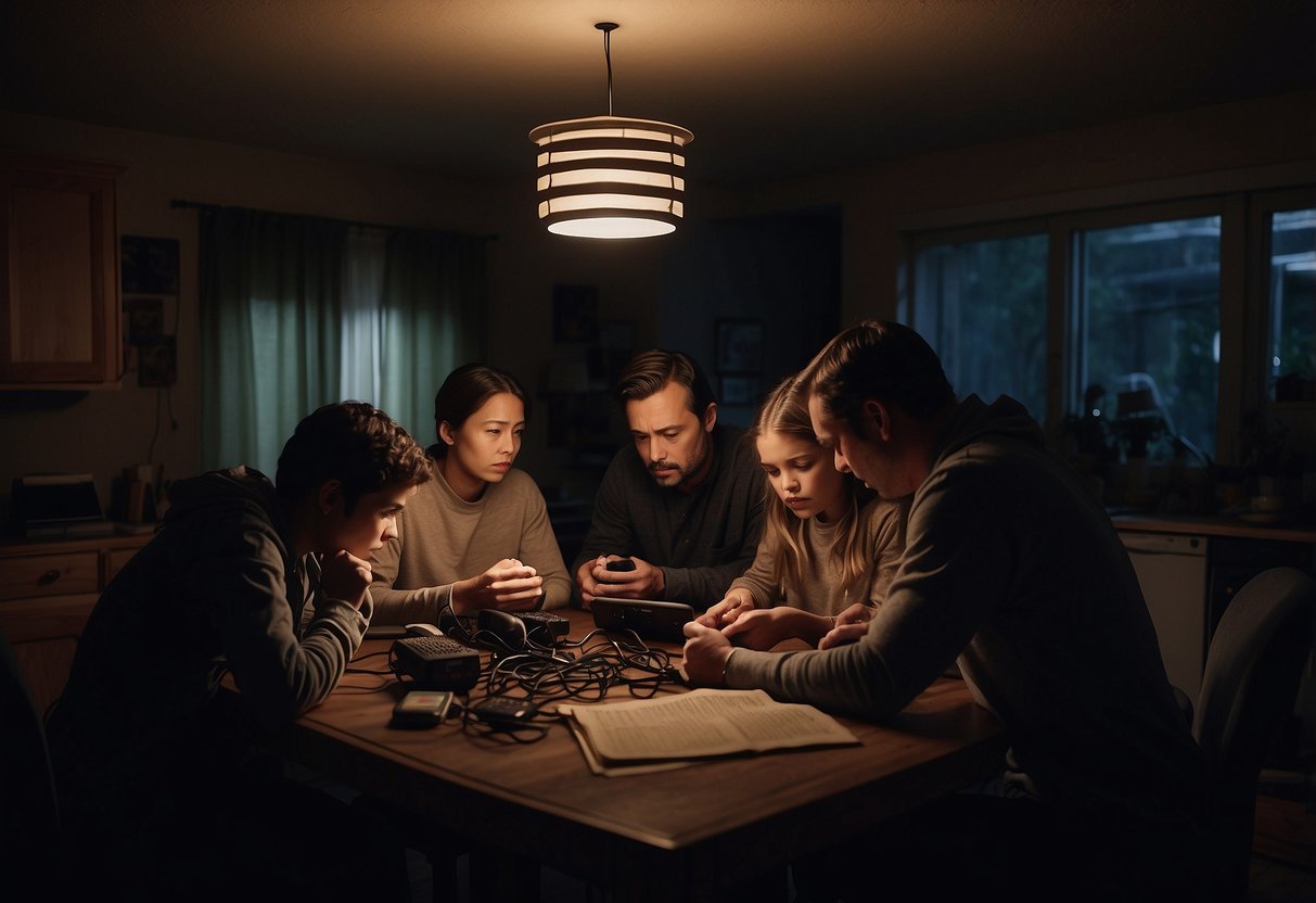 A family huddles inside a darkened home, surrounded by dead cell phones and disconnected landlines. The power is out, and they are unable to communicate with the outside world