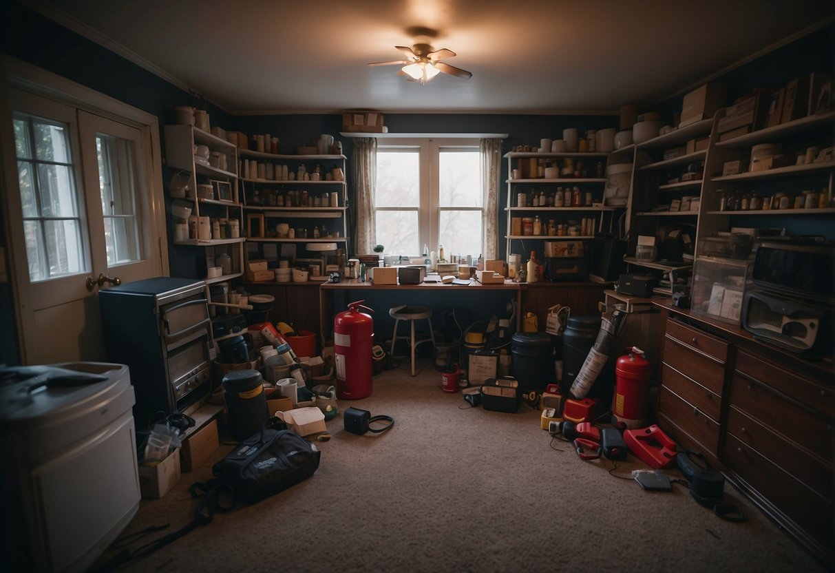 A dark, cluttered home with blocked exits, expired fire extinguisher, no smoke alarms, no emergency kit, and no family meeting place