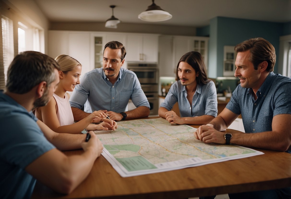 A family gathers around a table, discussing emergency plans. A checklist, first aid kit, and emergency contact list are laid out. A map of the local area is pinned to the wall